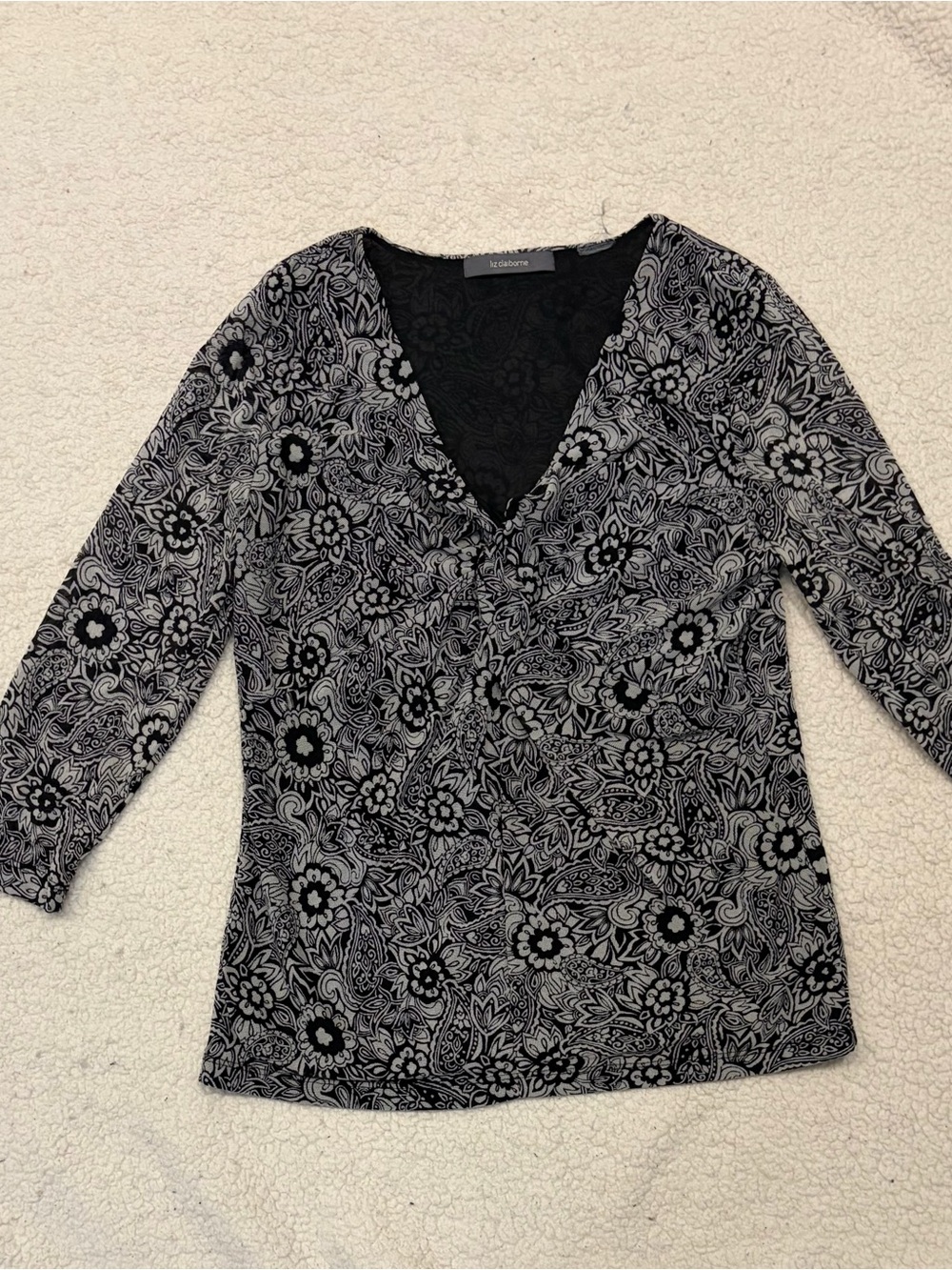 Liz Claiborne Black & Gray Floral Paisley 3/4 Sleeve Top